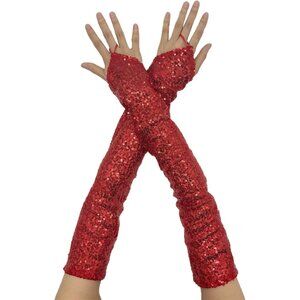 Women's Fingerless Long Sequin Red Gloves Halloween Party Costume Cosplay